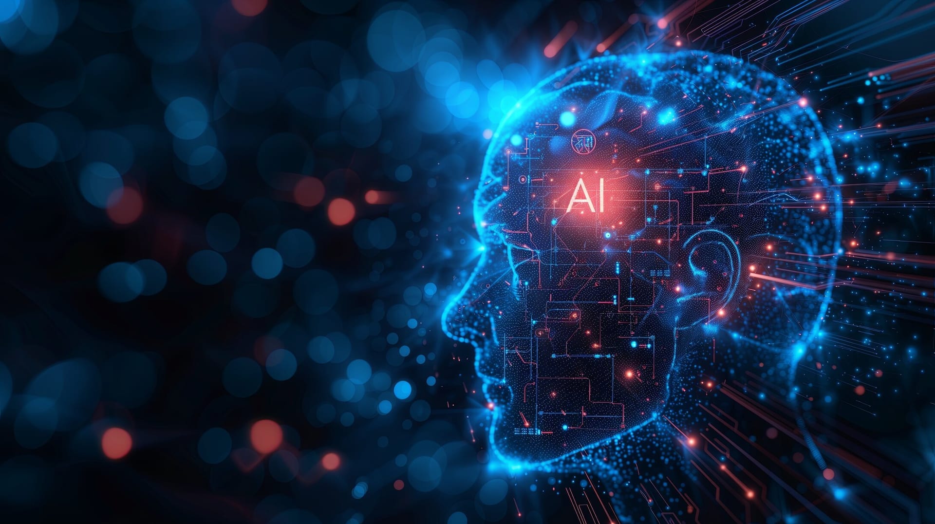 Illustration of a human head formed from circuit traces, representing applied artificial intelligence