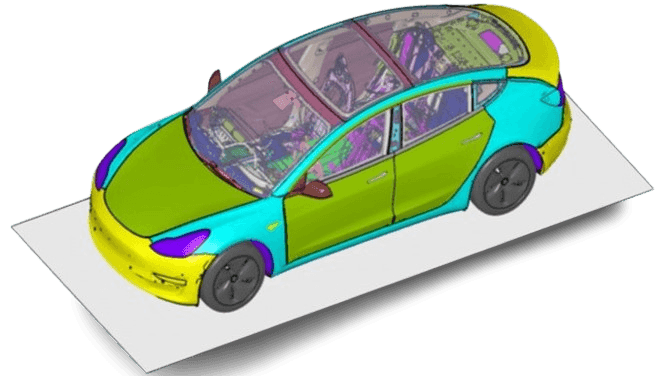 Three-dimensional CAD model of a vehicle body under design review